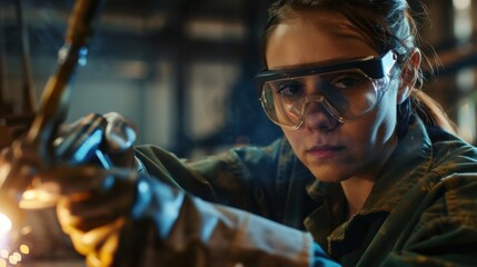 Young woman engineer skillfully uses an angle grinder, producing a cascade of sparks in an industrial setting