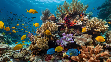 A colorful reef with many fish and coral