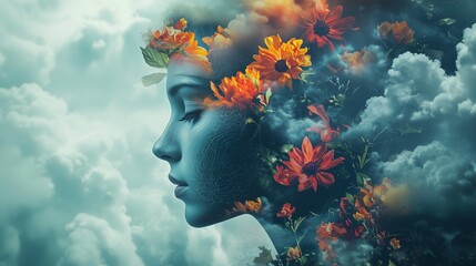 A woman's profile with floral elements and dark clouds, symbolizing the contrast between mental health struggles and inner beauty.