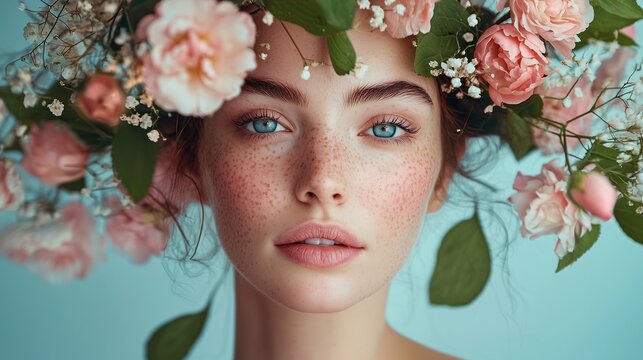 A serene woman with a floral crown symbolizes natural skin health and wellbeing, emphasizing beauty and relaxation.