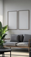 Modern Loft Living Room Interior Design with Empty Frames on the Wall, Mockup