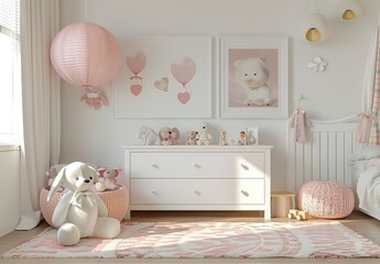 Scandinavian Style White and Pink Girl's Bedroom with Chest of Drawers, Wall Frames, and Toys on the Floor, Featuring Minimalist Design and Hyper-Realistic Details