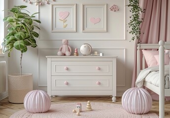Scandinavian Style White and Pink Girl's Bedroom with Chest of Drawers, Wall Frames, and Toys on the Floor, Featuring Minimalist Design and Hyper-Realistic Details
