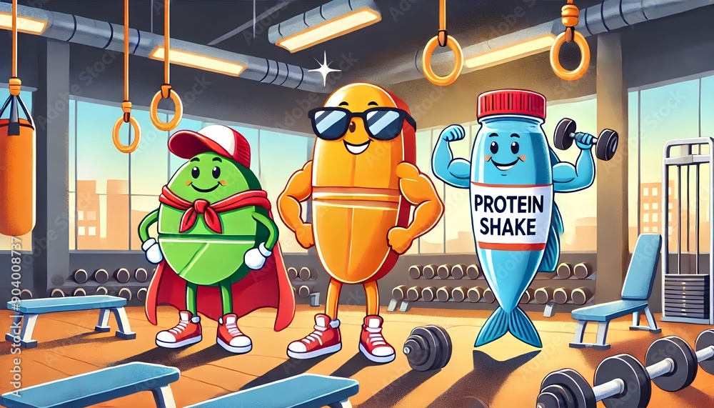 Wall mural cartoonish protein pill, fish oil, and multivitamin characters in a gym, humorously depicting health