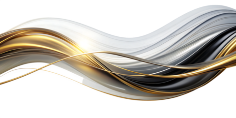 Abstract black and white flowing lines with golden accents on transparent background