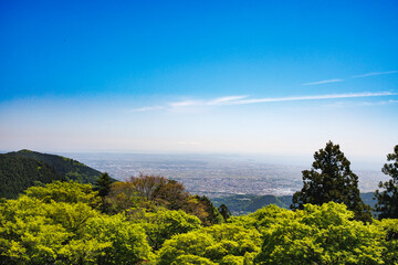 神奈川県大山の上から見える新緑と住宅街の景色
