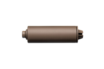 Brown silencer for weapons. Suppressor that is at the end of an assault rifle. Isolate on a white back.