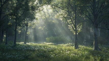 Sunlight streams through the trees in a forest clearing.