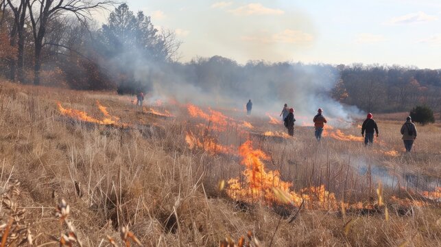 A controlled fire burn practice with firefighters in action. Firemans practicing fire suppression. Image for emergency and safety visuals.
