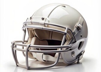 Fototapeta premium A crisp, white American football helmet sits isolated on a plain background, its facemask and chin strap gleaming, awaiting the next gridiron battle.