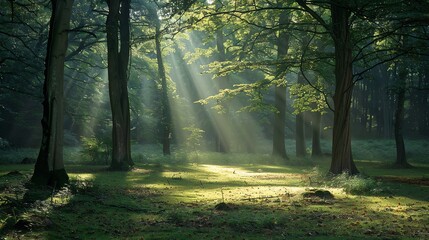 Fototapeta premium Sunlight streams through the canopy of a lush green forest.