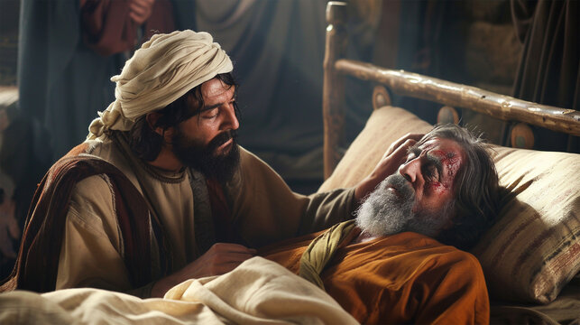 Caring for a sick lying man. Biblical ancient times. Illustration for the parable of the Good Samaritan