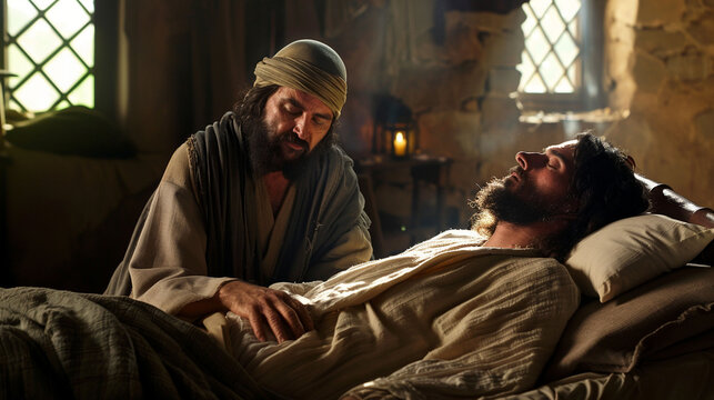 Caring for a sick lying man. Biblical ancient times. Illustration for the parable of the Good Samaritan