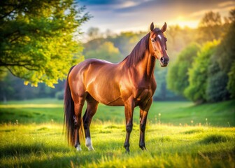 Fototapeta premium Stunning brown horse stands proudly on vibrant green grass with ample space for text, bathed in warm sunlight on a serene summer day.