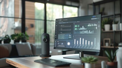 A comprehensive home security system with AI analytics, displaying detailed reports and real-time surveillance on a high-definition monitor.
