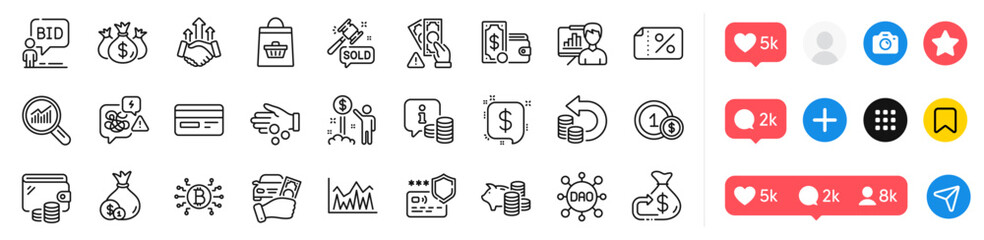 Wallet money, Wallet and Income money line icons pack. Social media icons. Stress, Usd coins, Presentation board web icon. Cash back, Auction, Auction hammer pictogram. Vector