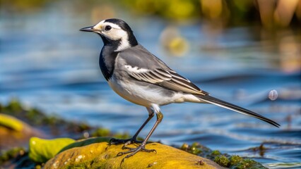 A black and white wagtail with a restless tail flicks back and forth as it scans the ground by the water's edge in Clontarf Dublin.