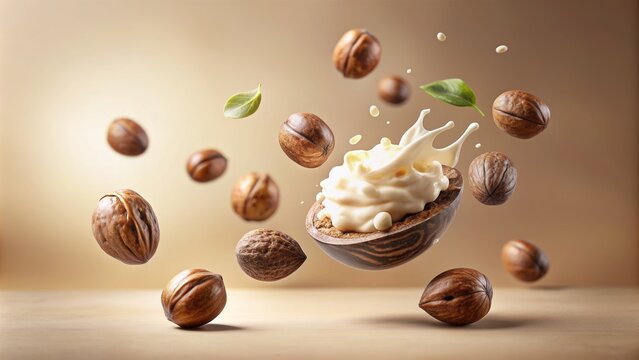Vibrant shea seeds and creamy shea butter suspend in mid-air against a soft beige background, evoking a sense of natural elegance and organic skincare sophistication.