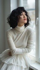 A woman in a white dress sitting by a window