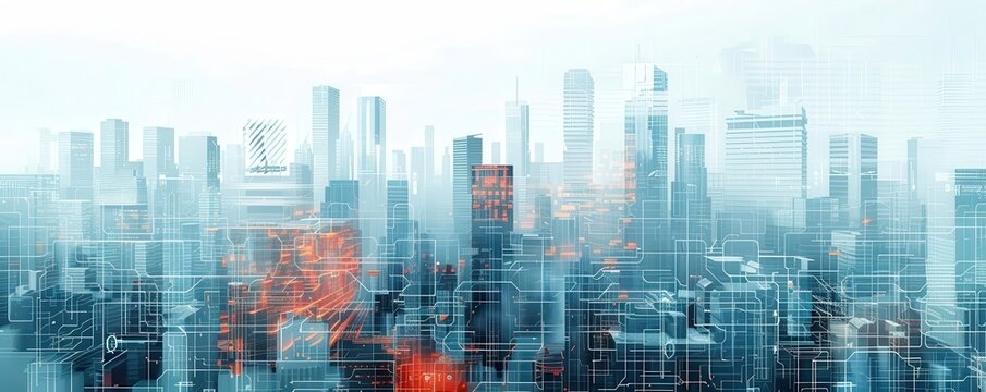 Abstract cityscape with modern skyscrapers in a foggy atmosphere, conveying urbanization, growth, and futuristic concepts.
