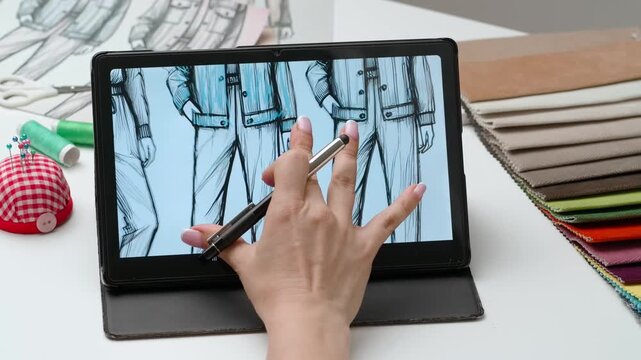 Woman fashion designer works on graphic tablet display with stylus, hand drawing coloring project men's clothing. Creativity and modern technology.
