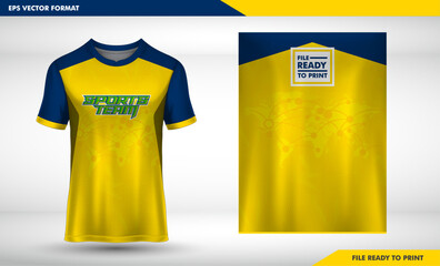 Yellow cross cut blue pattern design, illustration, textile background for sports t-shirt, football jersey shirt mockup for football club. consistent front view