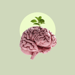 Psychology health concept collage. Inner well-being mind with sprout. Creative retro styled...
