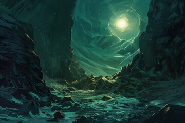 Mysterious glowing cavern with rough rocks and a bright distant light