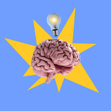Brain full of ideas concept collage. Abstract retro illustration with creative brain. Power of imagination concept isolated on violet background. Psychology concept. Self love, mind care