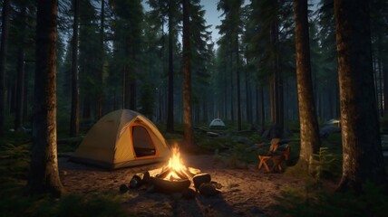 view of camping in the fores. generative ai