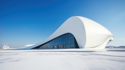 Modern White Building with Curved Architecture in Snow