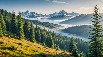 Fototapeta premium Beautiful mountain view, fir trees with morning misty view. Relaxing nature scene, high peaks, green valleys, tranquil natural background. Hiking adventure concept design. Perfect view. AI generated