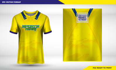 yellow painted with blue band pattern design, illustration, textile background for sports t-shirt, football jersey shirt mockup for football club. consistent front view