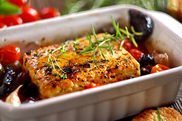 Baked feta cheese with cherry tomatoes, olives, garlic, honey and herbs 