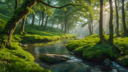Morning sunlight over dream forest creek. Perfect sunset rays green tree leaves, calm lake river or stream water. Tranquil peaceful environment. Inspire beauty in nature concept design. AI generated