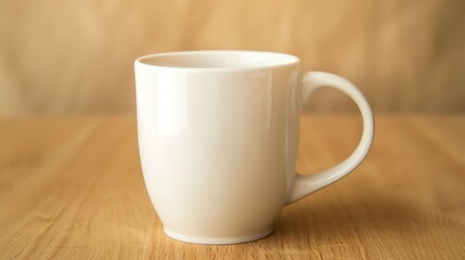 A white mug on a wooden table.