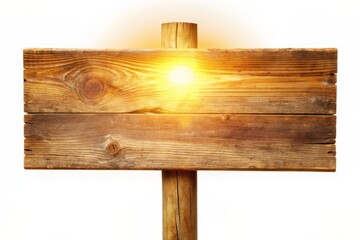 Fototapeta premium Rustic wooden signpost stands upright on a white background, its blank face waiting for a message, surrounded by a warm glow and subtle woodgrain texture.