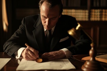 An exceptionally diligent legal professional who is deeply engaged in detailed writing tasks, skillfully navigating through various critical aspects of law and client representation