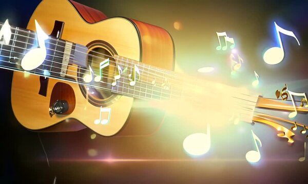 A guitar with shimmering musical notes