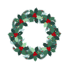 Christmas wreath design with pin branches and holly berries. Vector illustration