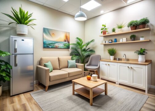 A serene, well-lit lactation room with comfortable seating, fridge, and sink, surrounded by calming artwork and plants, promotes a supportive work environment.