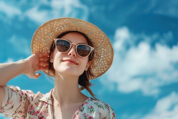 A woman confidently poses outdoors in a summer outfit, wearing a sunhat and sunglasses, embracing the warm weather and vibrant atmosphere. Generative AI