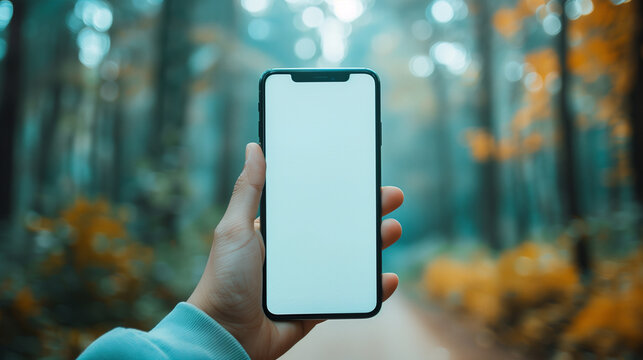 White screen smartphone holding in hand on autumn forest background