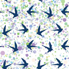 Seamless pattern with swallow silhouette on color background. Cute bird in flight. Vector illustration. Doodle style. Design for invitation, poster, card, fabric, textile
