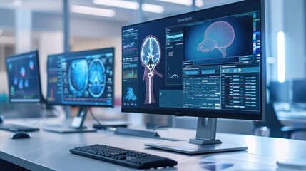 A diagnostic workstation with AI tools, showing complex algorithms processing data and generating accurate medical reports.