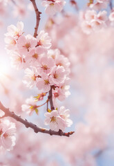 Obraz premium Sakura. Branches with pink flowers on a plain background for publications.