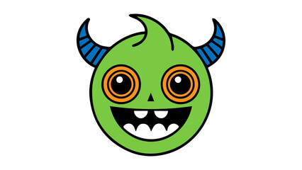 cute green cartoon monster smiling with blue horns, illustration of monster in vector on white background