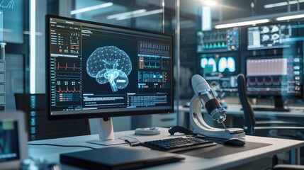 A diagnostic workstation with AI tools, showing complex algorithms processing data and generating accurate medical reports.