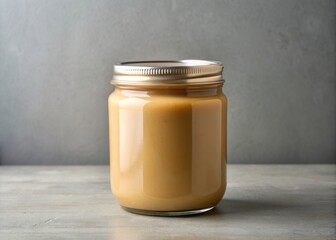 Creamy peanut butter fills a simple, transparent glass jar with a matte silver lid, set against a clean, light gray background, evoking a sense of minimalism.
