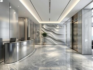 Modern office lobby with reception desk, elevator, and stylish wall decor.